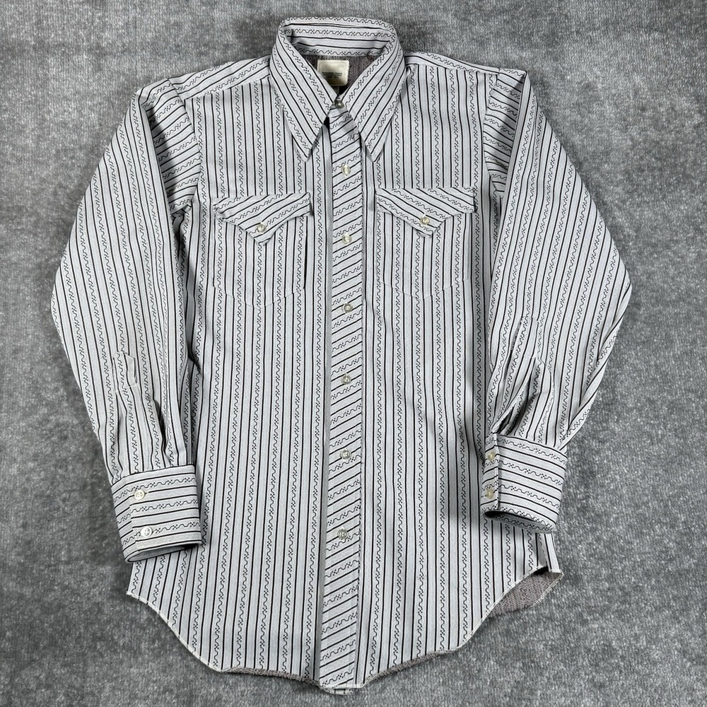 Vintage H Bar C Shirt Mens Medium Beige Striped Long Sleeve Pearl Snap Ranchwear